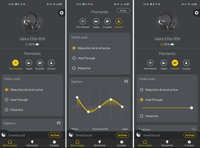 des captures d'écran de l'application du casque Jabra 85h